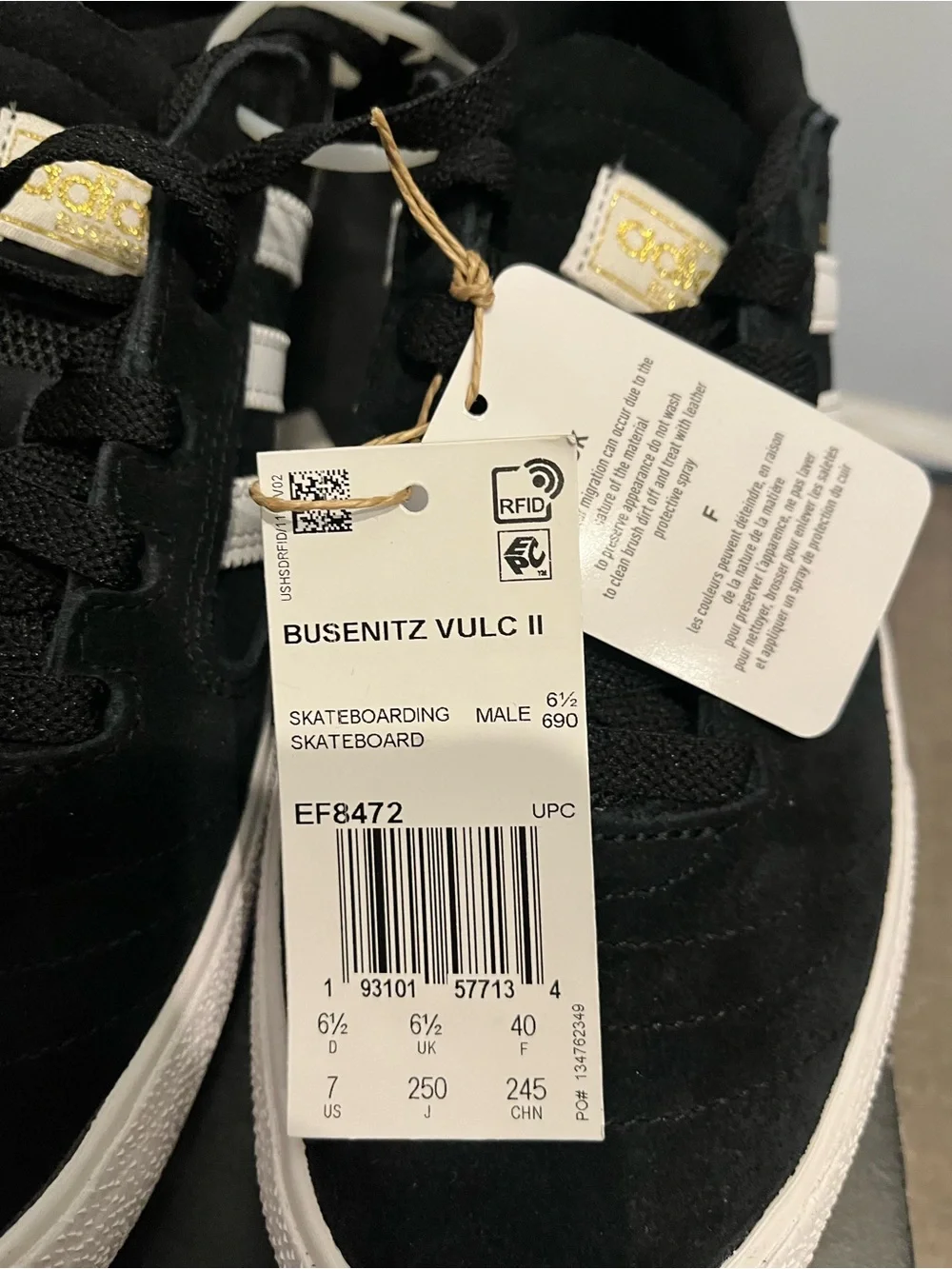 adidas Busenitz Vulc II Black with White Stripes and Gold Logo